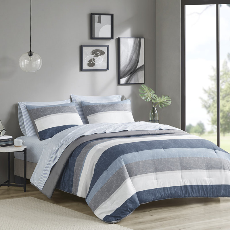 Ensembles de literie à rayures modernes, édredon en polyester bleu-gris, idéal pour un usage domestique