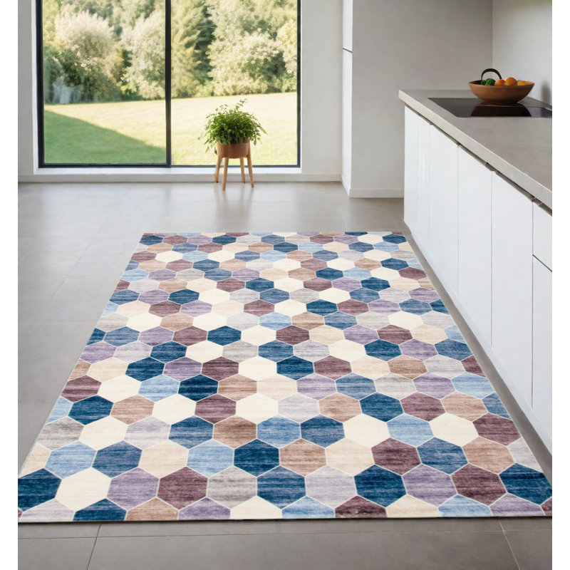 Tapis délavé à motif géométrique ivoire et bleu 4 pi x 6 pi