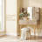30" Fluted Vanity – 3-Color LED Mirror, Carved Details, 4 Drawers + Jewelry Hooks & Padded Rollers, Metal Legs, PU Stool, Vintage Yellow-Brown Finish