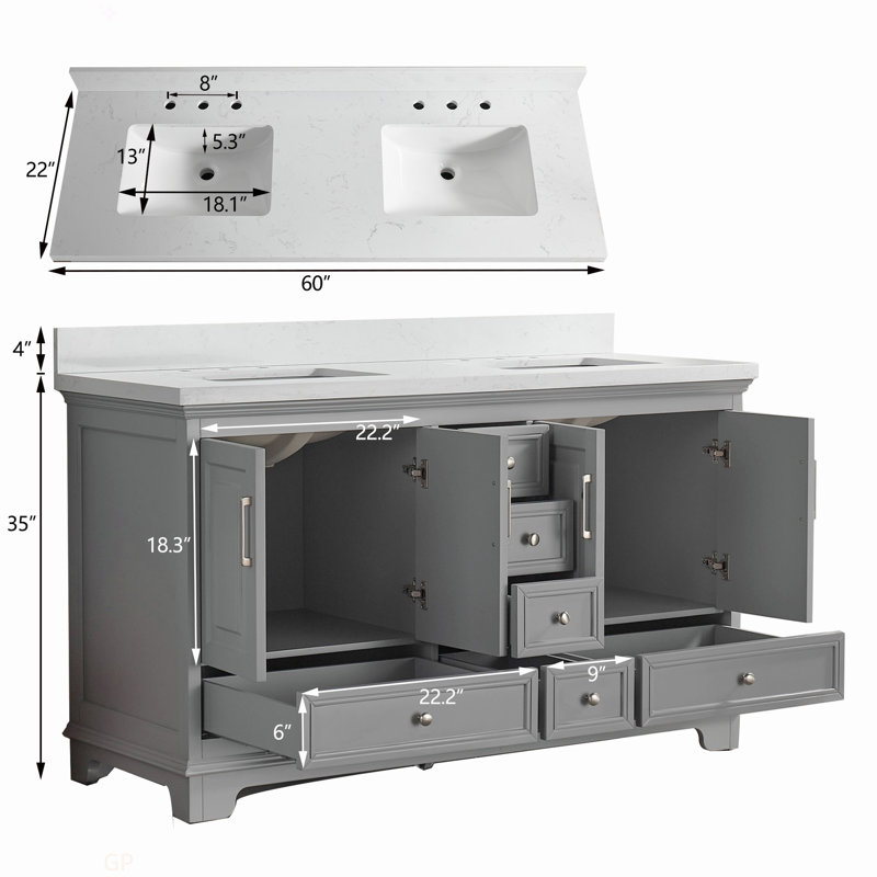 Meuble-lavabo double autoportant de 60 po avec pierre artificielle entièrement assemblé, Gris