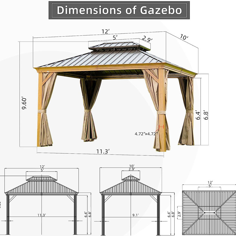 Pavillon de jardin avec système de gouttières - Prolonge la durée de vie, 10 pi x 12 pi pour une utilisation à long terme sur un toit en métal et en acier galvanisé