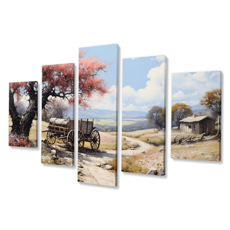 «Pink Old Cart Vintage Charm», reproduction d'art sur toile «Old American Cart» - 5 panneaux