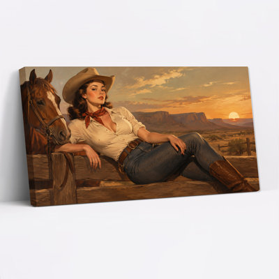 Cowgirl Leaning on Fence with Horse at Sunset Canvas Wall Art