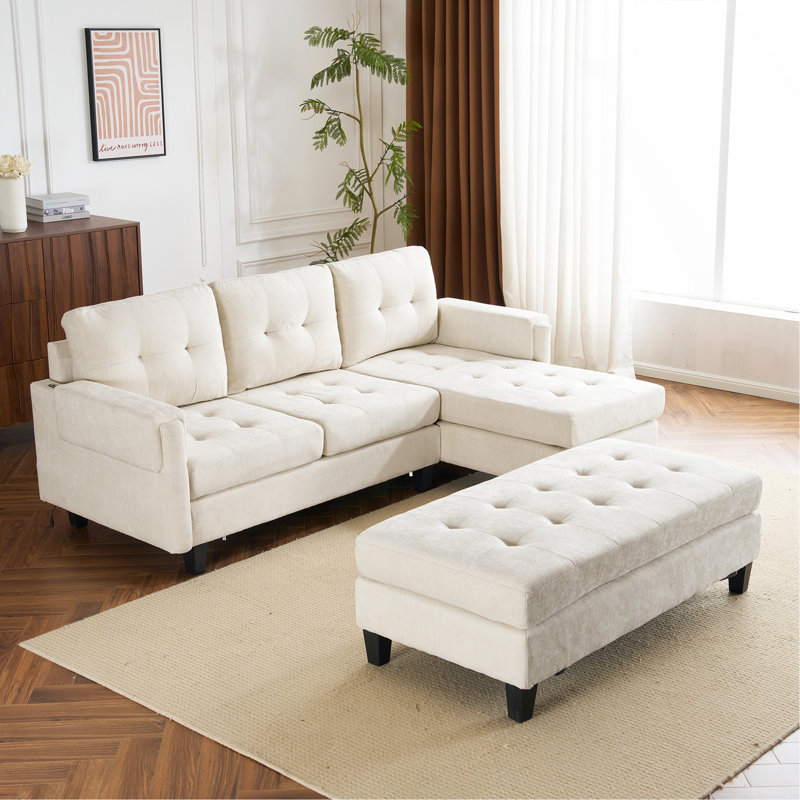 Canapé-lit modulaire en L 83,4 po avec deux ports USB, Chenille beige
