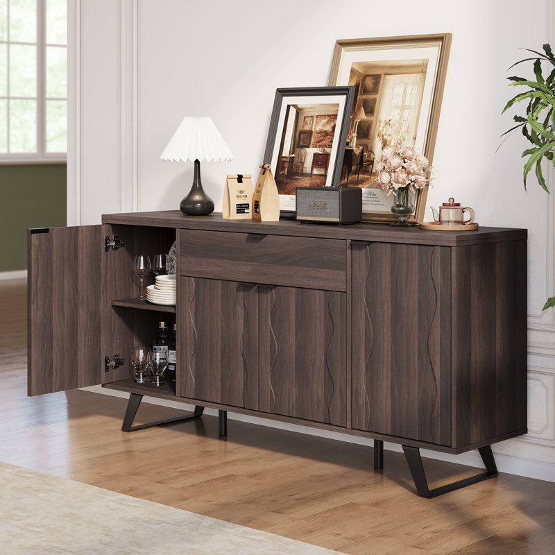 63" Mid Century Modern Sideboard Cabinet With 4 Doors & Drawers For Living Room, Kitchen, Walnut