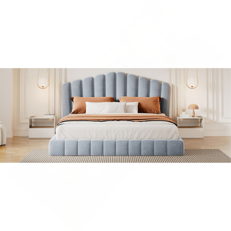 Tête de lit en velours rembourré avec cadre de lit et tête de lit en forme de coquillage pour la chambre à coucher, aucun sommier nécessaire