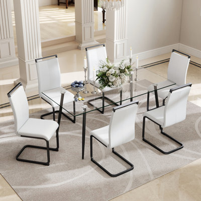 Ensemble de table de salle à manger rectangulaire moderne en verre avec chaises rembourrées en polyuréthane 4/6, pieds chromés argent / noir / or pour la salle à manger et la cuisine