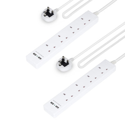 GEEPAS 4 Gang Extension Lead, 2M Cable | 4-Way Plug Extension Cable | Wall Mountable & Multi Socket Power Mains Strip with 2 USB Ports for Home Office | Heavy Duty UK Plug | White