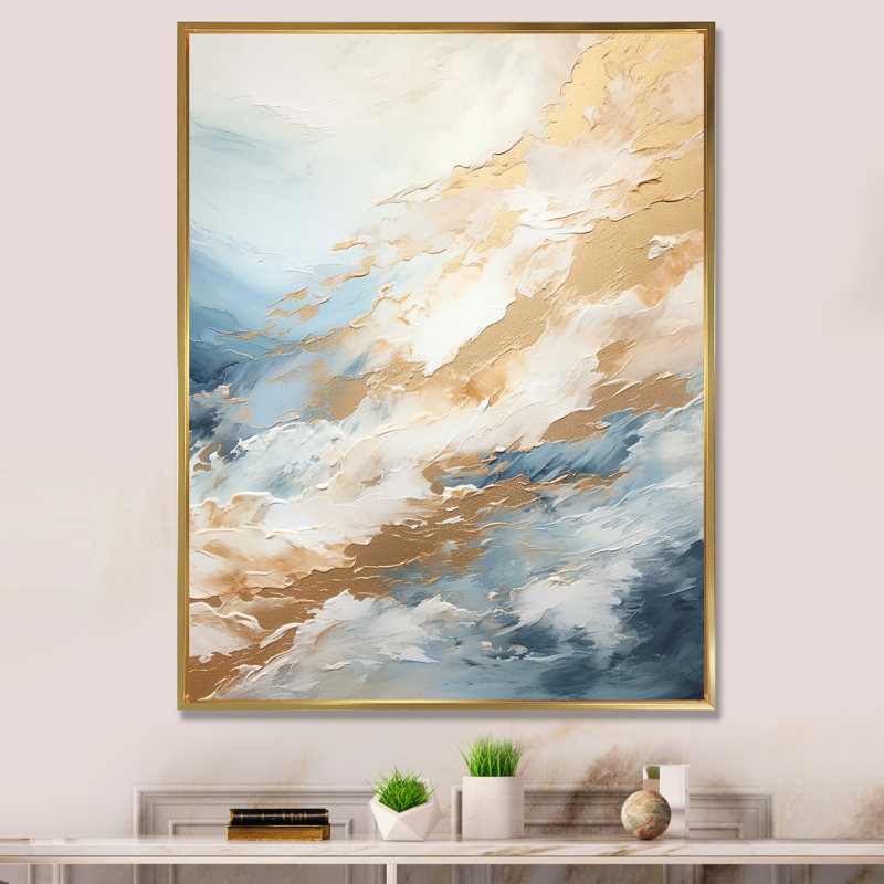 Beige bleu or océan tempête II sur toile, Cadre flottant doré, 32" H x 16" W