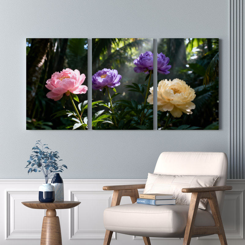 Ensemble de 3 tableaux sur toile représentant un jardin de pivoines, H 24 po x l 48 po