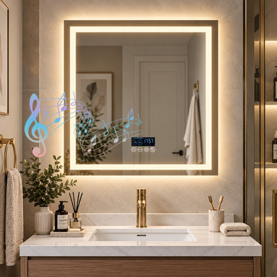 Smart LED Bathroom Mirror with Bluetooth Speaker, Time & Date Display, Front & Backlit, 3-Color Temperature, Dimmable Brightness, Anti-Fog, Tempered Glass, IP65 Waterproof