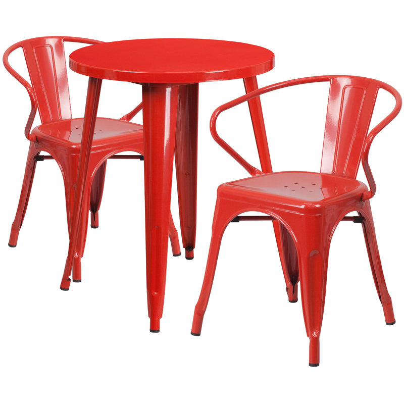 Duluth 30'' Round Metal Indoor-Outdoor Table Set with 2 Arm Chairs, 29.50" H x 30" W x 30" L, Red