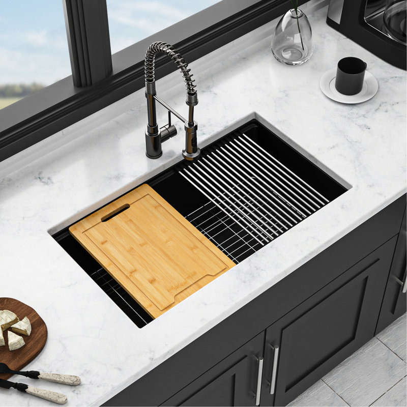 Évier de cuisine en quartz 30 po x 19 po noir - Granite, Noir