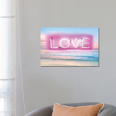 Neon Love Beach Pink on Black 1 Piece Wall Art on Canvas