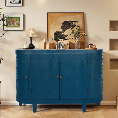 Armoire de rangement ovale avec 4 portes, armoire buffet avec rangement, armoire de rangement d'appoint cannelée à bord arrondi, porte coulissante, crédence autoportante, console