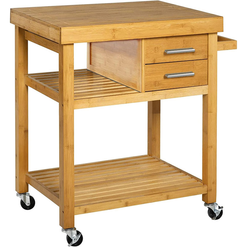 Rolling Kitchen Island Cart with Drawers Shelves, Towel Rack, Locking Casters, Butcher Block Food Prepping Cart Trolley on Wheels, Bamboo Wood