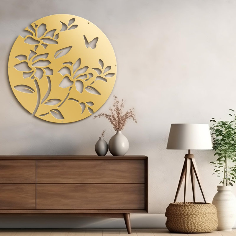 Fleurs, décoration murale abstraite moderne minimaliste, décoration murale en métal, H 24 po x l 24 po x P 0,05 po, Doré