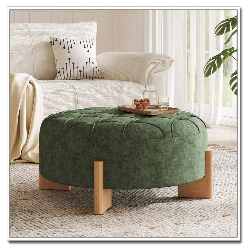 Repose-pieds rond capitonné 32 po avec pieds en bois massif, table basse moderne avec boutons touffetés, Vert