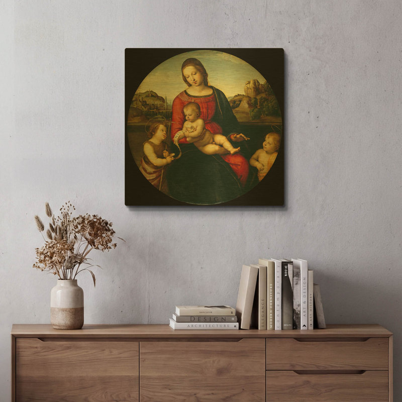 «Madonna with Child, St. John and a Child Saint» par Raphael, art mural en métal doré, 24 po x 24 po, 24 po x 24 po