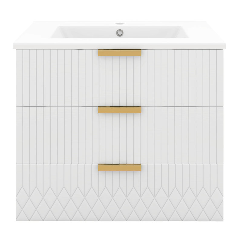 Meuble-lavabo 24 po avec lavabo, meuble-lavabo flottant à 2 tiroirs, meuble-lavabo mural avec lavabo en céramique, Blanc