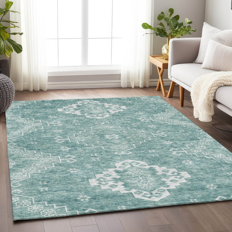 Tapis turquoise Prisco lavable à la machine de qualité supérieure, Rectangle 9 pi x 12 pi