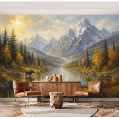 Wall Mural Peel and Stick Wallpaper Painting Majestic Rustic Wild Animal Elk Deer Forest Mountain River Self-Adhesive Removable Contact Paper Wall Decor for Living Room Bedroom 69"H x 96"W