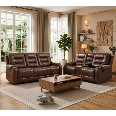 2 - Piece Faux Leather Manual Reclining Living Room Set - Spacious Seating With Storage & Cup Holders