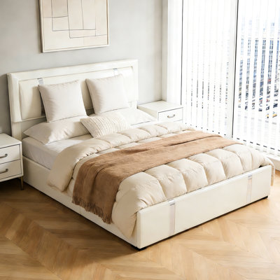 Full Size Bed Frame, White, Smart Led Adjustable Headboard, Charging, Faux Leather Upholstery Lights, - C Ports,