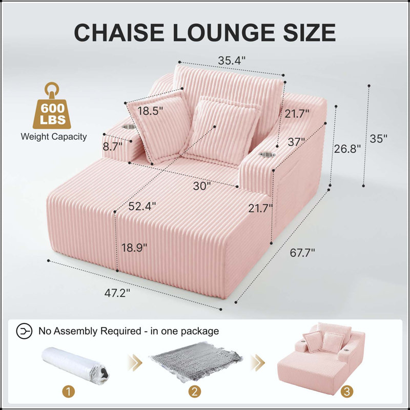 Chaise longue surdimensionnée avec porte-gobelets, 3 coussins et aucun assemblage requis, Pink