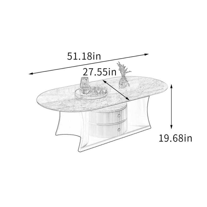 Table basse ovale haut de gamme avec tiroirs, 19.68" H x 27.55" L x 51.18" W, Noir, Gris