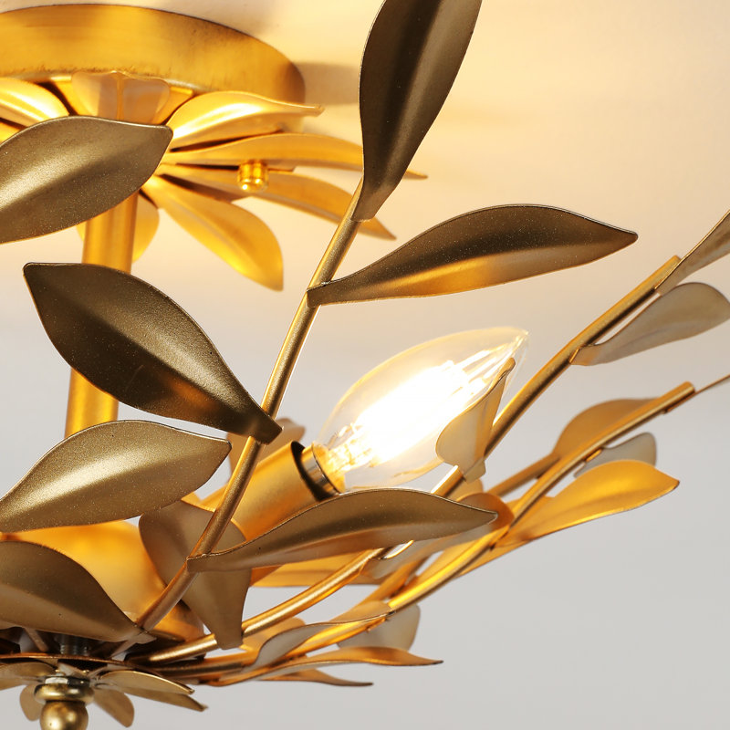 3-Light Gold Botanical Leaf Semi Flush Mount Ceiling Light