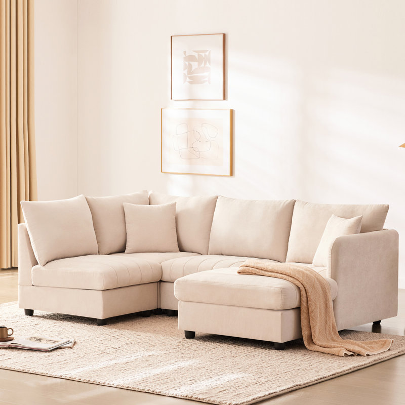 Confortable en forme de L avec rayures mobiles et élégantes, 89 x 79 po, canapé 5 places pour le salon, repose-pieds modulaire rembourré de 89 x 79 po, rayure verticale confortable, tissu