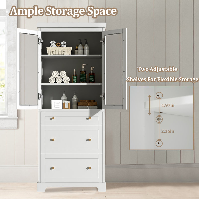 70.1" Freestanding Tall Bathroom Cabinet with Glass Doors, 3 Drawers & 2 Adjustable Shelves, Soft Close, Modern Storage for Bathroom, Living Room, or Kitchen