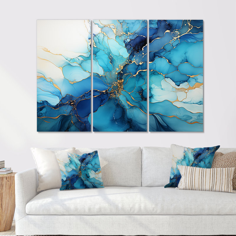 Ensemble de salon art mural abstrait or et bleu Alco, Toile tendue, H 28 po x l 36 po x P 1 po