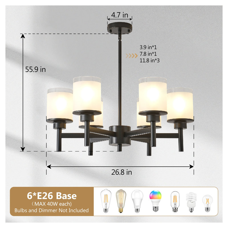 Lustre de ferme 6 lumières noir mat avec abat-jour en verre givré
