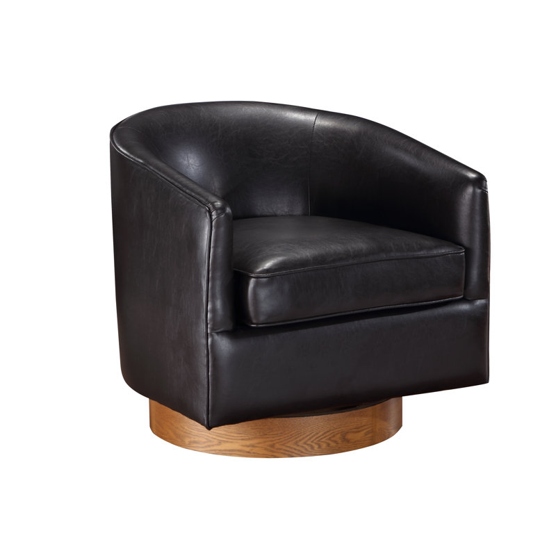 Asmi 29" Wide Swivel Barrel Accent Chair, Dark Brown Faux Leather