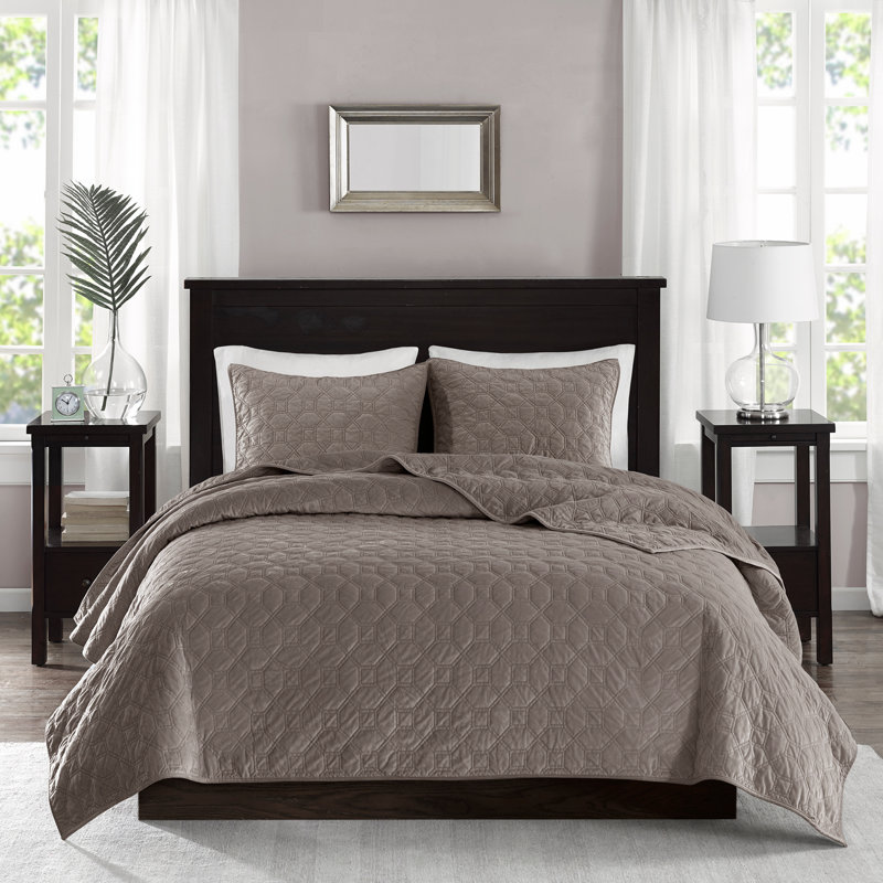 Ensemble de courtepointe 3 pièces en velours, Courtepointe double + 2 pièces supplémentaires, Taupe