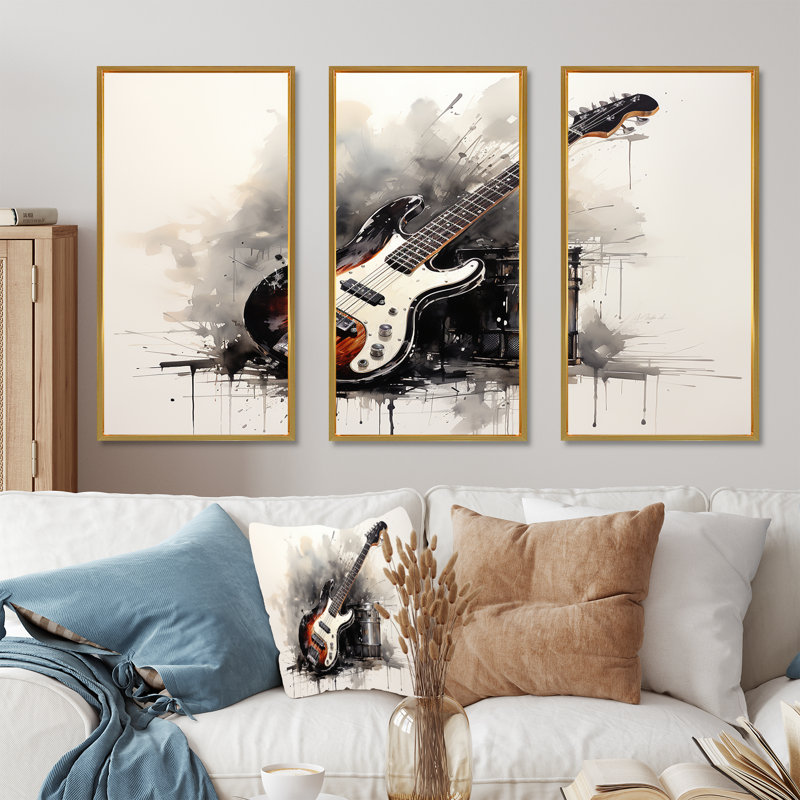 «Brown Charcoal Guitare Vibations III», art mural musique, H 40 po x l 60 po, Cadre flottant doré
