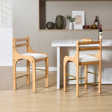 Stylish Farmhouse Upholstered Solid Wood Barstools With Metal Stirrups, Low Barstools With Cutout Solid Wood Backs Set Of 2