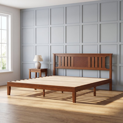 King Brown Pine Wood Platform Bed Frame with Inclined Headboard and Underbed Storage