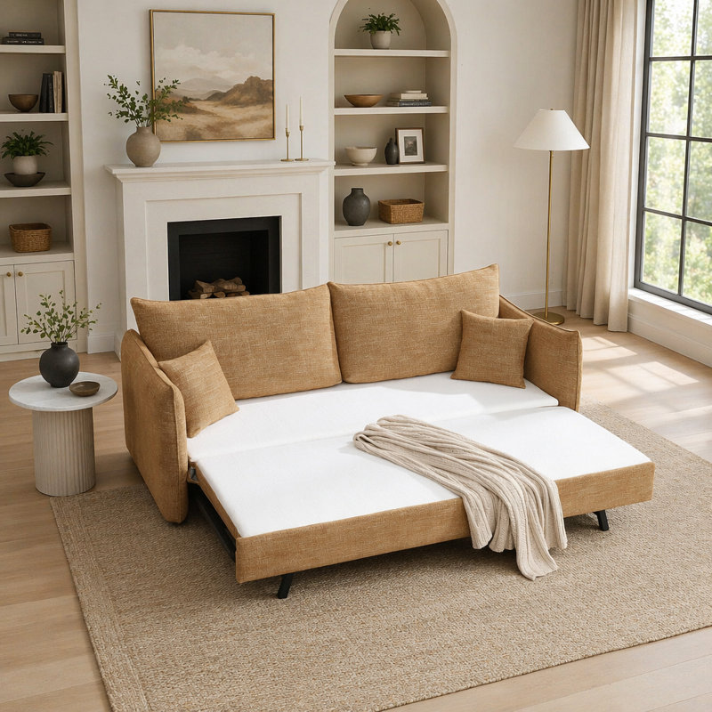 Pocket Coil Tufted Convertible Sleeper Sofa, Removable Chenille Cushion Cover KD Frame Couch with Accent Pillow, Heavy Duty 440lbs Capacity Living Room Sleeper Furniture