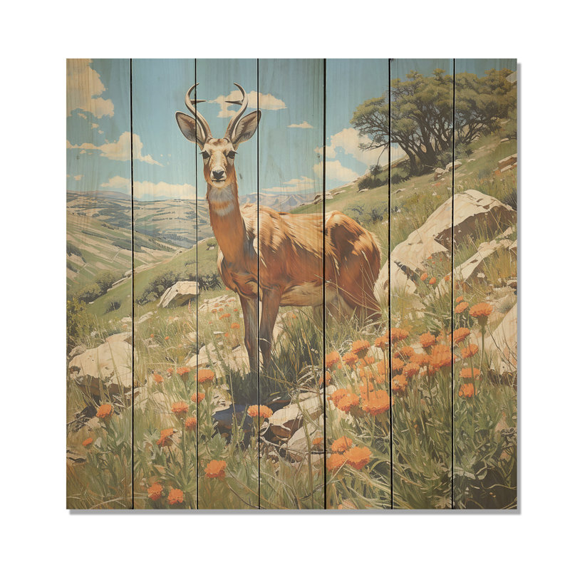 Antelope Gazing Meadow Blooms - Animals On Wood Print, 15" H x 15" W