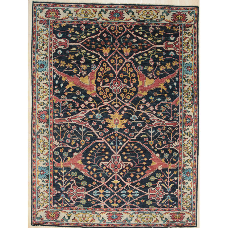 Tapis oriental en laine noué à la main bleu marine, Rectangle de 10 pi x 14 pi