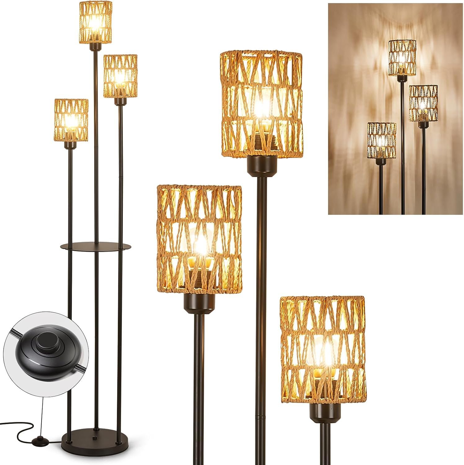 3-Light Rattan Floor Lamp With Shelf - 66" Farmhouse Standing Lamp With Foot Switch For Living Room