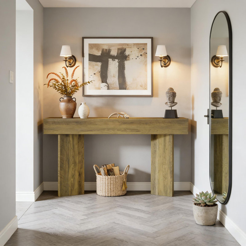Table d'appoint rustique, console compacte, canapé