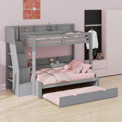 Bunk Bed With Storage Staircase, Trundle, Storage Shelves, LED And USB