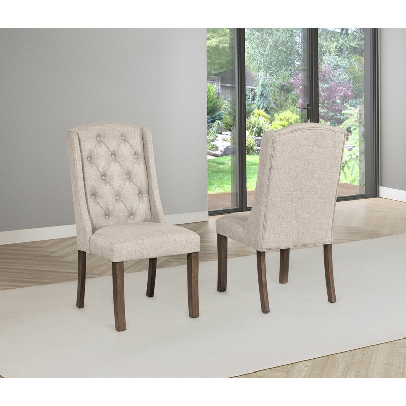 Winged Dining Chairs With Button Tufted Back, Beige
