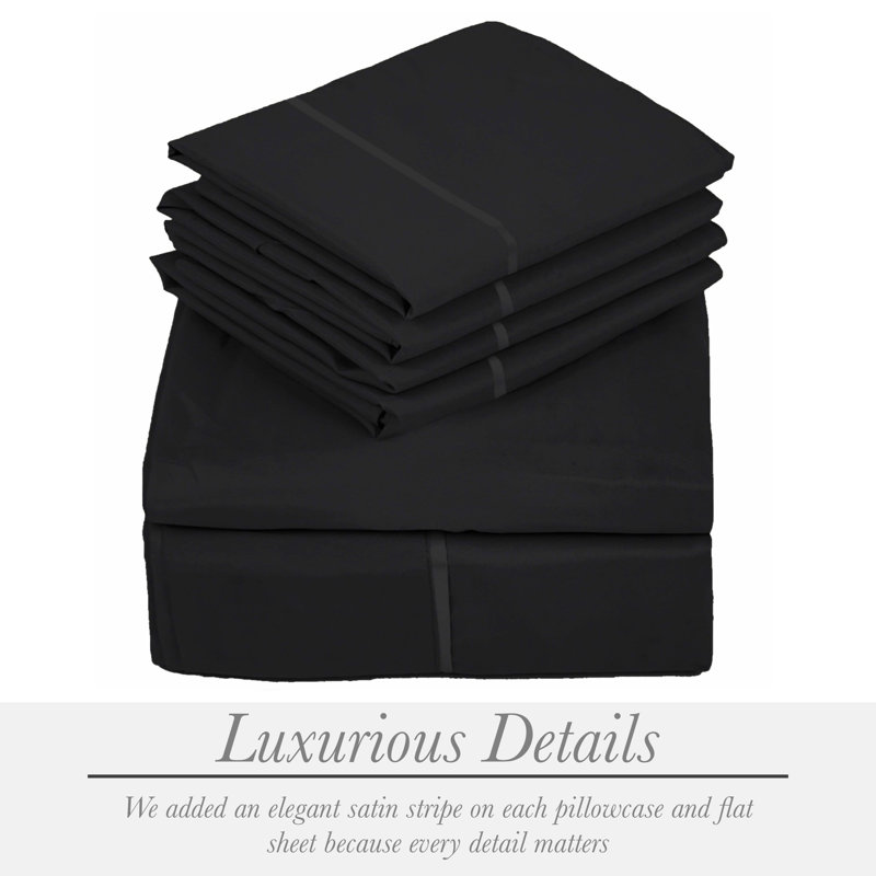 6 Piece Ultra Soft Double Brushed Microfiber Sheet Set, Cooling Sheets with Extra Deep Pockets - Machine Washable, Black