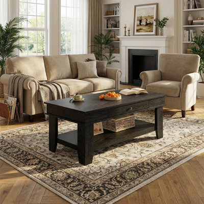 Table basse de 47,2 po avec tiroir et tablette ouverte - Grande table centrale de salon robuste, surface facile à nettoyer, pouvant supporter jusqu'à 300 lb