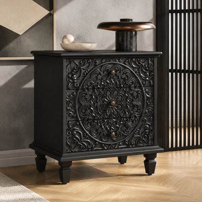 3-Drawer Carved Wood Nightstand, Vintage Scrollwork Embossed Accent Chest, Farmhouse Storage Cabinet Side End Table, Black
